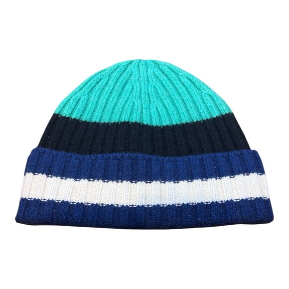 EVERLANE Unisex Striped Cashmere Ribbed Knit Beanie O/S Navy Green White NWT - Picture 1 of 6